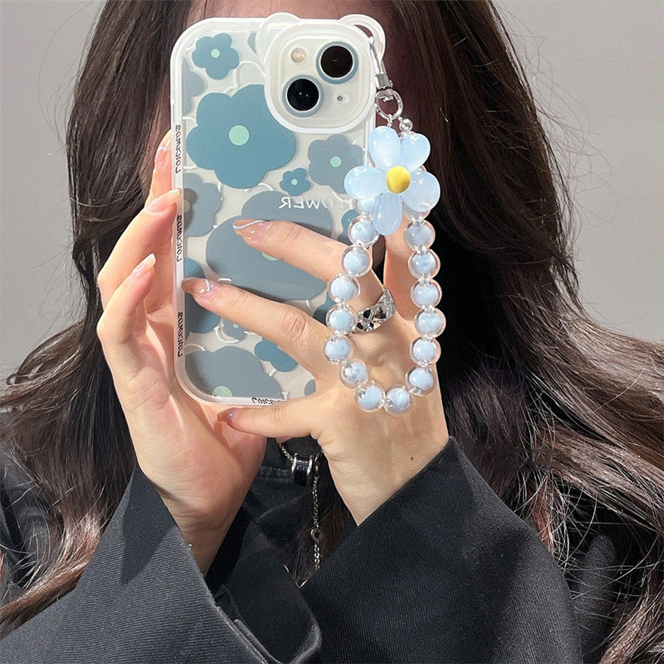 Korea Plating Flower Beaded Bracelet Cute Bear Ears Phone Case