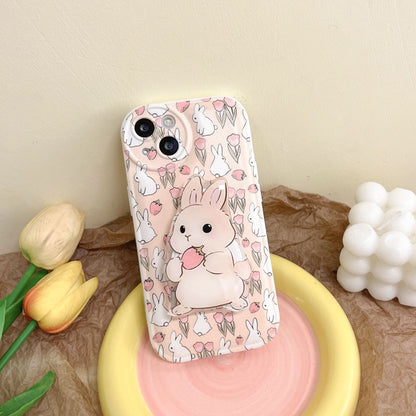 Cute Bunny Rabbit Pink Flower Stand Lovely Phone Case For iPhone 14 13 12 Pro Max X XR XS Max 7 8 Plus Lens Protection Soft Cover