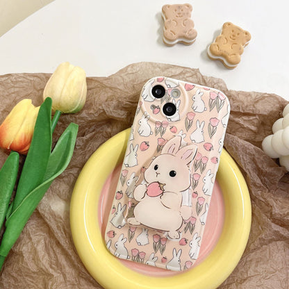 Cute Bunny Rabbit Pink Flower Stand Lovely Phone Case For iPhone 14 13 12 Pro Max X XR XS Max 7 8 Plus Lens Protection Soft Cover