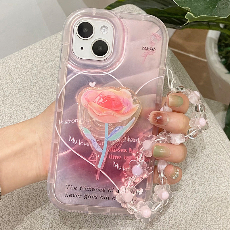 Pink Rose Stand Chain Bracelet Phone Case For iPhone 15 14 13 12 Pro Max Plus Lens Protection Soft Cover