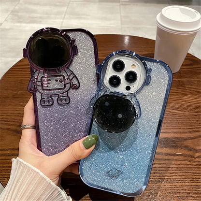Shining Cute Cartoon Astronaut Lens Bracket Holder Plating Case For iPhone 14 13 12 Pro Max 14 Plus Glitter Gradient Stand Cover